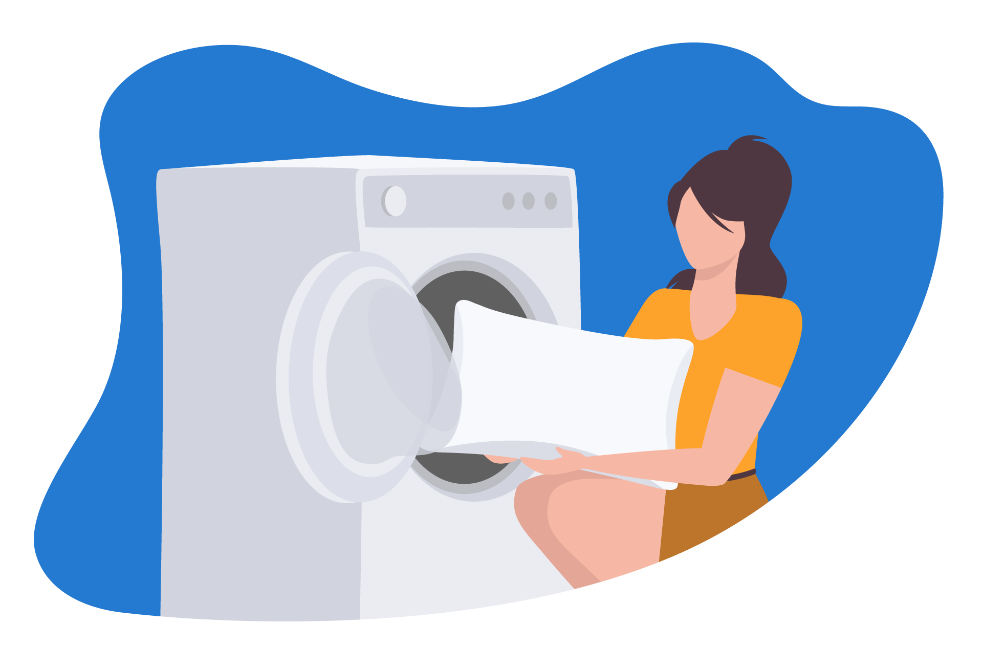 Ilustração de uma mulher inserindo um travesseiro dentro da máquina de lavar.